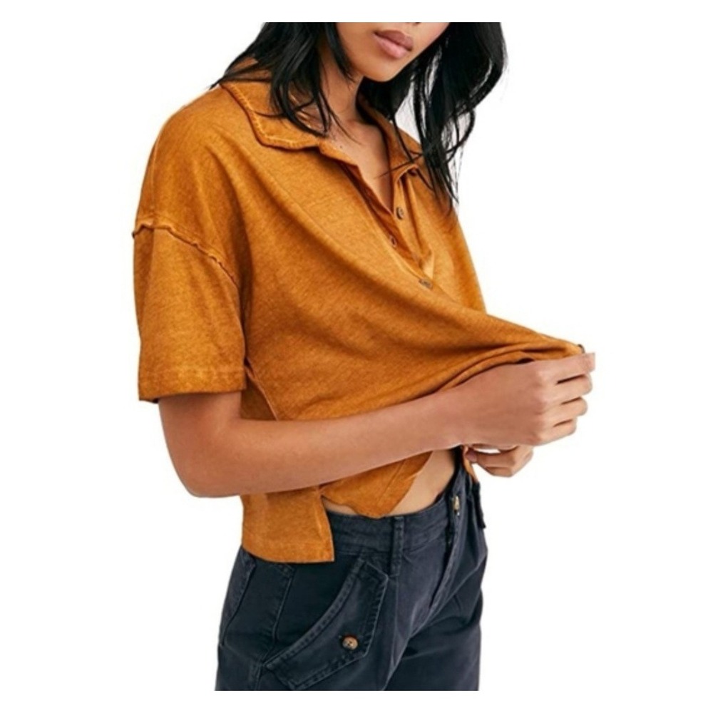 Free People Copper Brown Button-Up Short Sleeve Crop Cotton Henley‎ Shirt Top M